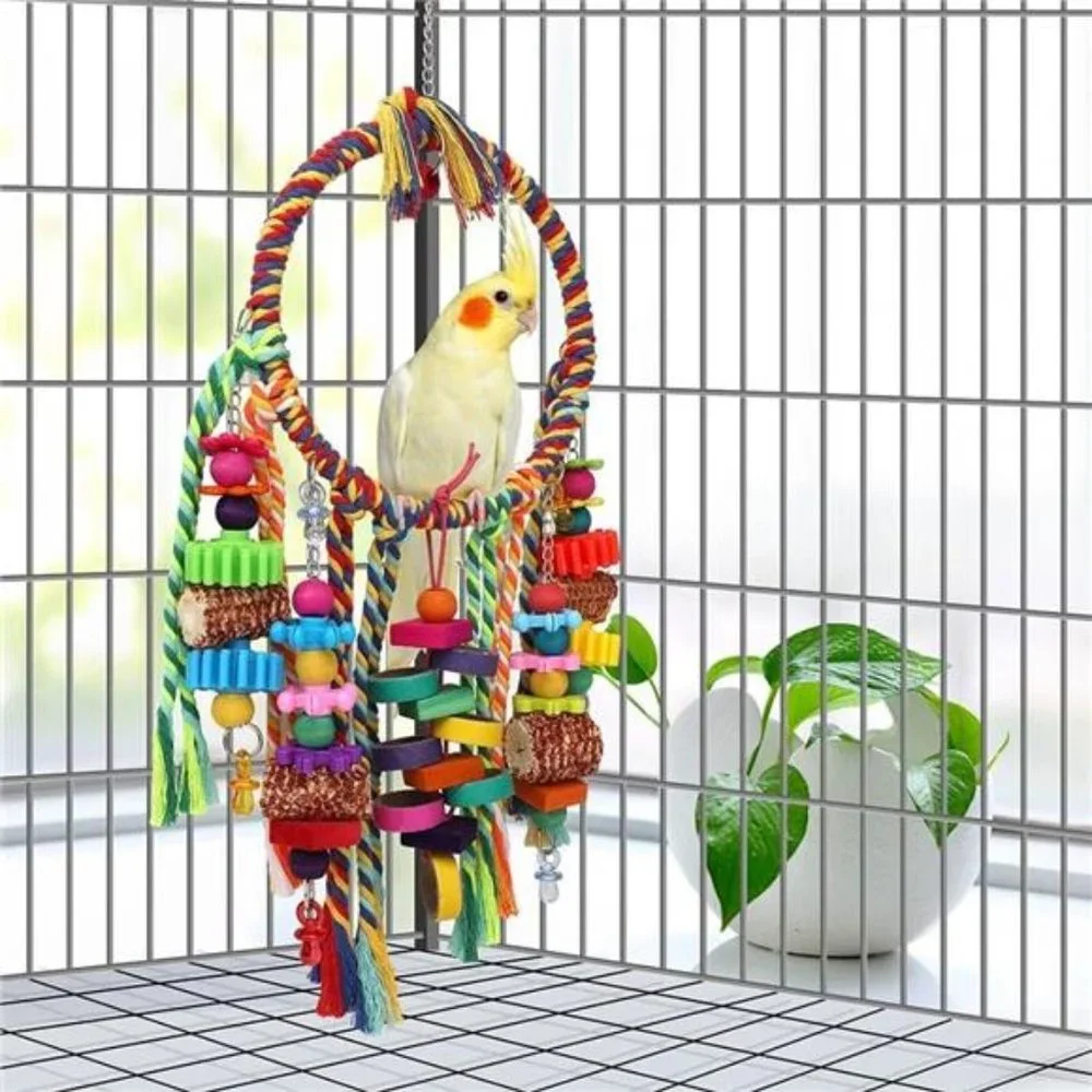 Bird Toys Bird RopeRing Swing Perch with Corn Cob Cardboard Bagels Wooden Blocks